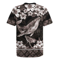 Hawaiian Plumeria and Humpback Whales Rugby Jersey Polynerian Art Tattoo-Grayscale Mode