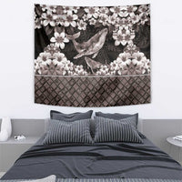 Hawaiian Plumeria and Humpback Whales Tapestry Polynerian Art Tattoo-Grayscale Mode