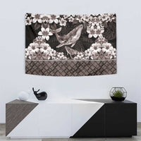 Hawaiian Plumeria and Humpback Whales Tapestry Polynerian Art Tattoo-Grayscale Mode