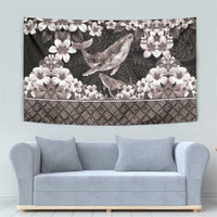 Hawaiian Plumeria and Humpback Whales Tapestry Polynerian Art Tattoo-Grayscale Mode