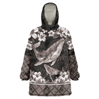 Hawaiian Plumeria and Humpback Whales Wearable Blanket Hoodie Polynerian Art Tattoo-Grayscale Mode