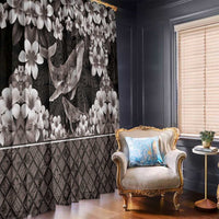 Hawaiian Plumeria and Humpback Whales Window Curtain Polynerian Art Tattoo-Grayscale Mode