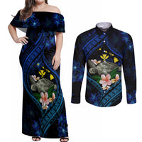 Hawaii Turtle Plumeria Flower Fanciful Couples Matching Off Shoulder Maxi Dress and Long Sleeve Button Shirt LT03 Black - Polynesian Pride