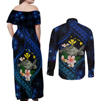 Hawaii Turtle Plumeria Flower Fanciful Couples Matching Off Shoulder Maxi Dress and Long Sleeve Button Shirt LT03 - Polynesian Pride