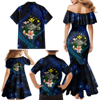 Hawaii Turtle Plumeria Flower Fanciful Family Matching Mermaid Dress and Hawaiian Shirt