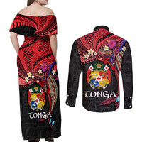 Tonga Emancipation Day Couples Matching Off Shoulder Maxi Dress and Long Sleeve Button Shirt Ngatu Humpback Whale Polynesian Flower LT03 - Polynesian Pride