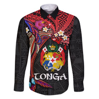 Tonga Emancipation Day Family Matching Off Shoulder Maxi Dress and Hawaiian Shirt Ngatu Humpback Whale Polynesian Flower LT03 Dad's Shirt - Long Sleeve Black - Polynesian Pride