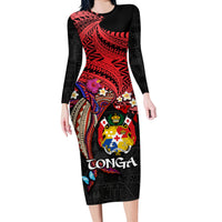 Tonga Emancipation Day Long Sleeve Bodycon Dress Ngatu Humpback Whale Polynesian Flower LT03 Long Dress Black - Polynesian Pride