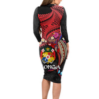 Tonga Emancipation Day Long Sleeve Bodycon Dress Ngatu Humpback Whale Polynesian Flower LT03 - Polynesian Pride