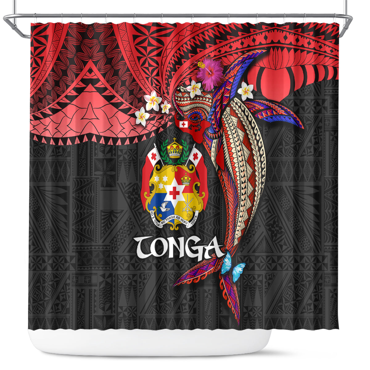 Tonga Emancipation Day Shower Curtain Ngatu Humpback Whale Polynesian Flower