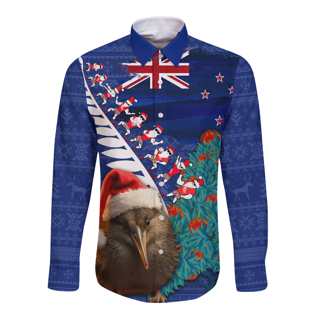 New Zealand Christmas Long Sleeve Button Shirt Kiwi Bird Santa and Silver Fern Funny Haka Dance
