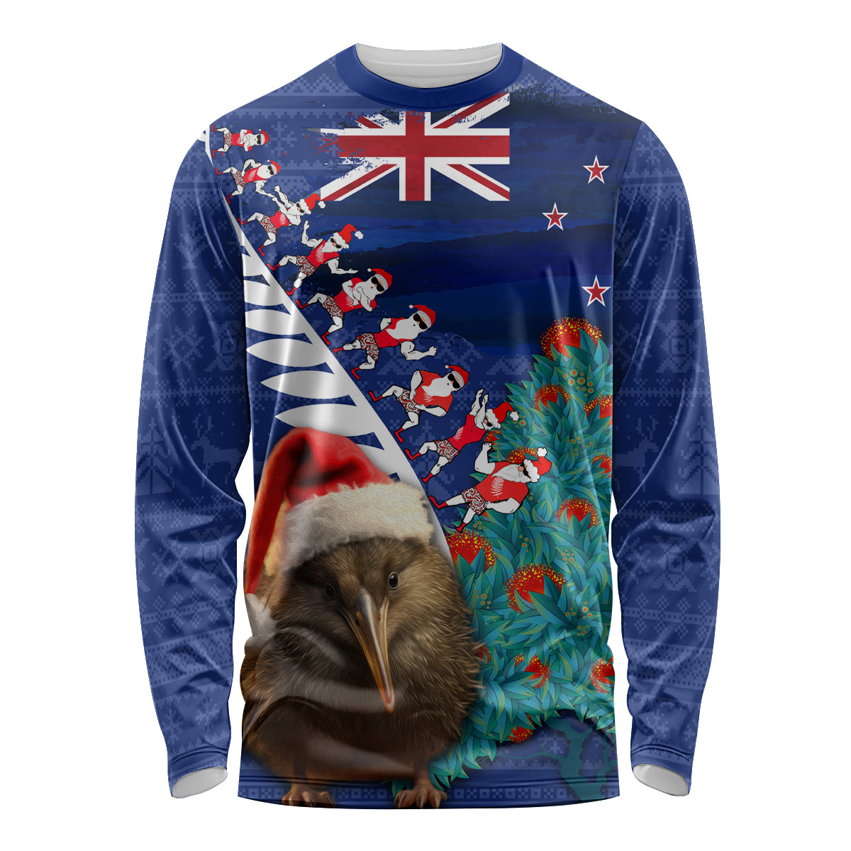 New Zealand Christmas Long Sleeve Shirt Kiwi Bird Santa and Silver Fern Funny Haka Dance