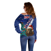 New Zealand Christmas Off Shoulder Sweater Kiwi Bird Santa and Silver Fern Funny Haka Dance