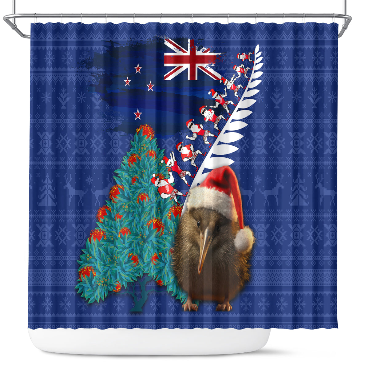 New Zealand Christmas Shower Curtain Kiwi Bird Santa and Silver Fern Funny Haka Dance