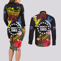 Cook Islands Independence Day Couples Matching Long Sleeve Bodycon Dress and Long Sleeve Button Shirt Maroro and Kakaia with Hibiscus Flower Polynesian Pattern