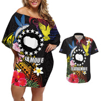 Cook Islands Independence Day Couples Matching Off Shoulder Short Dress and Hawaiian Shirt Maroro and Kakaia with Hibiscus Flower Polynesian Pattern