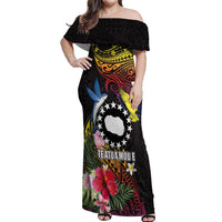 Cook Islands Independence Day Off Shoulder Maxi Dress Maroro and Kakaia with Hibiscus Flower Polynesian Pattern