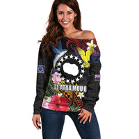 Cook Islands Independence Day Off Shoulder Sweater Maroro and Kakaia with Hibiscus Flower Polynesian Pattern
