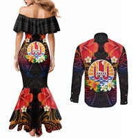 French Polynesia Bastille Day Couples Matching Mermaid Dress and Long Sleeve Button Shirt Tiare Flower and National Seal Polynesian Pattern