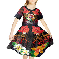 French Polynesia Bastille Day Kid Short Sleeve Dress Tiare Flower and National Seal Polynesian Pattern LT03 - Polynesian Pride