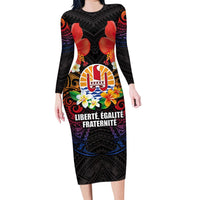 French Polynesia Bastille Day Long Sleeve Bodycon Dress Tiare Flower and National Seal Polynesian Pattern LT03 Long Dress Black - Polynesian Pride