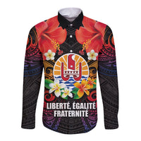 French Polynesia Bastille Day Long Sleeve Button Shirt Tiare Flower and National Seal Polynesian Pattern