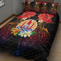 French Polynesia Bastille Day Quilt Bed Set Tiare Flower and National Seal Polynesian Pattern
