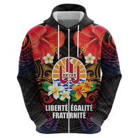 French Polynesia Bastille Day Zip Hoodie Tiare Flower and National Seal Polynesian Pattern