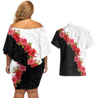 Hawaii Red Hibiscus Flowers Couples Matching Off Shoulder Short Dress and Hawaiian Shirt Polynesian Pattern With Half Black White Version