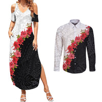 Hawaii Red Hibiscus Flowers Couples Matching Summer Maxi Dress and Long Sleeve Button Shirt Polynesian Pattern With Half Black White Version