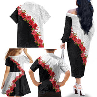 Hawaii Red Hibiscus Flowers Family Matching Off The Shoulder Long Sleeve Dress and Hawaiian Shirt Polynesian Pattern With Half Black White Version LT03 - Polynesian Pride