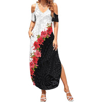 Hawaii Red Hibiscus Flowers Family Matching Summer Maxi Dress and Hawaiian Shirt Polynesian Pattern With Half Black White Version LT03 Mom's Dress Black - Polynesian Pride