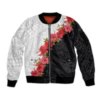 Hawaii Red Hibiscus Flowers Sleeve Zip Bomber Jacket Polynesian Pattern With Half Black White Version