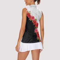 Hawaii Red Hibiscus Flowers Women Sleeveless Polo Shirt Polynesian Pattern With Half Black White Version