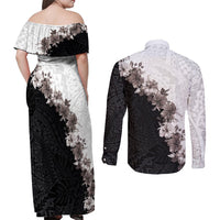 Hawaii Grayscale Hibiscus Flowers Couples Matching Off Shoulder Maxi Dress and Long Sleeve Button Shirt Polynesian Pattern With Half Black White Version