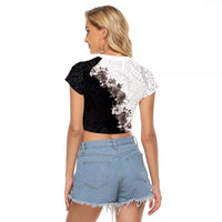 Hawaii Grayscale Hibiscus Flowers Raglan Cropped T Shirt Polynesian Pattern With Half Black White Version
