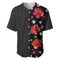 Hawaii Hibiscus and Plumeria Flowers Baseball Jersey Tapa Tribal Pattern Half Style Colorful Mode LT03 Black - Polynesian Pride