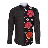 Hawaii Hibiscus and Plumeria Flowers Long Sleeve Button Shirt Tapa Tribal Pattern Half Style Colorful Mode LT03 Unisex Black - Polynesian Pride