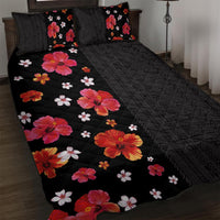 Hawaii Hibiscus and Plumeria Flowers Quilt Bed Set Tapa Tribal Pattern Half Style Colorful Mode LT03 Black - Polynesian Pride