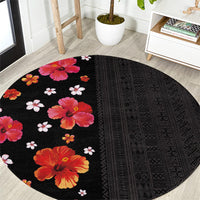 Hawaii Hibiscus and Plumeria Flowers Round Carpet Tapa Tribal Pattern Half Style Colorful Mode LT03 Black - Polynesian Pride
