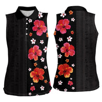Hawaii Hibiscus and Plumeria Flowers Women Sleeveless Polo Shirt Tapa Tribal Pattern Half Style Colorful Mode