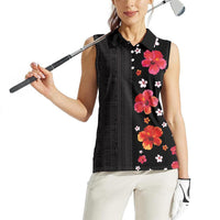 Hawaii Hibiscus and Plumeria Flowers Women Sleeveless Polo Shirt Tapa Tribal Pattern Half Style Colorful Mode