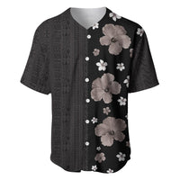 Hawaii Hibiscus and Plumeria Flowers Baseball Jersey Tapa Tribal Pattern Half Style Grayscale Mode LT03 Black - Polynesian Pride