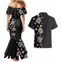 Hawaii Hibiscus and Plumeria Flowers Couples Matching Mermaid Dress and Hawaiian Shirt Tapa Tribal Pattern Half Style Grayscale Mode