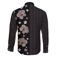 Hawaii Hibiscus and Plumeria Flowers Family Matching Off The Shoulder Long Sleeve Dress and Hawaiian Shirt Tapa Tribal Pattern Half Style Grayscale Mode LT03 - Polynesian Pride
