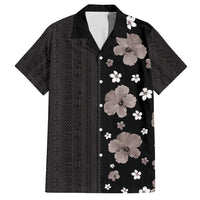 Hawaii Hibiscus and Plumeria Flowers Family Matching Off Shoulder Maxi Dress and Hawaiian Shirt Tapa Tribal Pattern Half Style Grayscale Mode