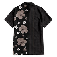 Hawaii Hibiscus and Plumeria Flowers Family Matching Off Shoulder Short Dress and Hawaiian Shirt Tapa Tribal Pattern Half Style Grayscale Mode