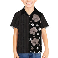 Hawaii Hibiscus and Plumeria Flowers Family Matching Off Shoulder Short Dress and Hawaiian Shirt Tapa Tribal Pattern Half Style Grayscale Mode