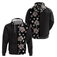 Hawaii Hibiscus and Plumeria Flowers Zip Hoodie Tapa Tribal Pattern Half Style Grayscale Mode