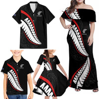 New Zealand Rugby Custom Family Matching Off Shoulder Maxi Dress and Hawaiian Shirt Sporty Silver Fern Shape with Maori Tattoos - Polynesian Pride